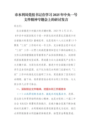 市水利局党组书记在学习2025年中央一号文件精神专题会上的研讨发言