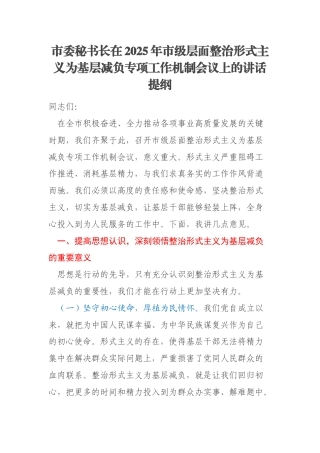 市委秘书长在2025年市级层面整治形式主义为基层减负专项工作机制会议上的讲话提纲