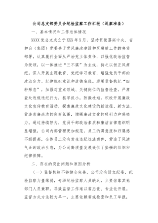 公司总支部委员会纪检监察工作汇报（巡察准备）