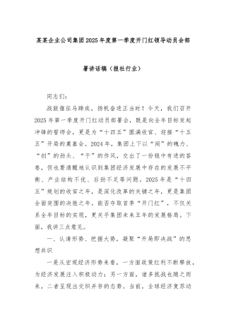 某某企业公司集团2025年度第一季度开门红领导动员会部署讲话稿（报社行业）