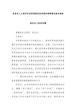 某某市人大领导在省贯彻落实政府债务管理情况报告制度培训会上的讲话稿