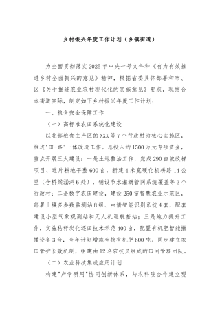 乡村振兴年度工作计划（乡镇街道）