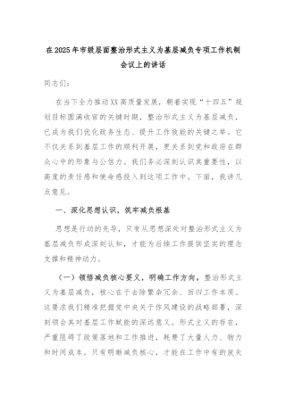 在2025年市级层面整治形式主义为基层减负专项工作机制会议上的讲话