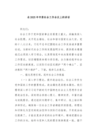 在2025年市委社会工作会议上的讲话