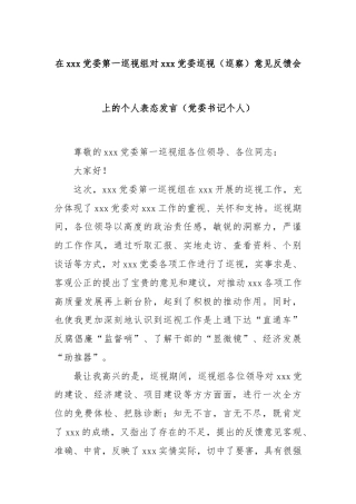 在xxx党委第一巡视组对xxx党委巡视（巡察）意见反馈会上的个人表态发言（党委书记个人）