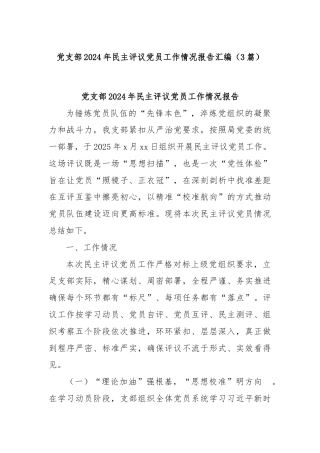 (3篇)党支部2024年民主评议党员工作情况报告汇编