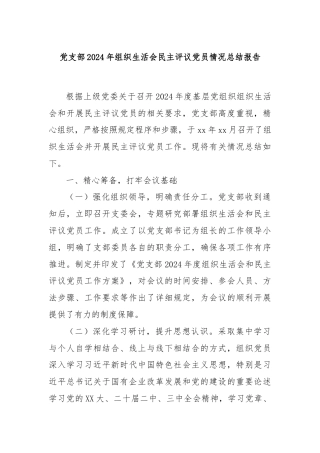 党支部2024年组织生活会民主评议党员情况总结报告