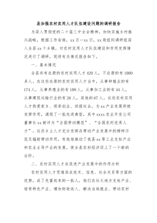 县加强农村实用人才队伍建设问题的调研报告