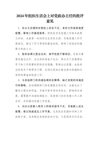 2024年组织生活会上对党政办主任的批评意见