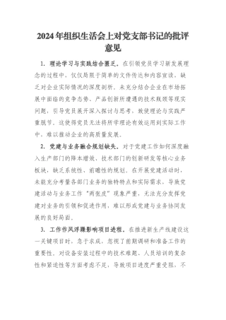 2024年组织生活会上对党支部书记的批评意见