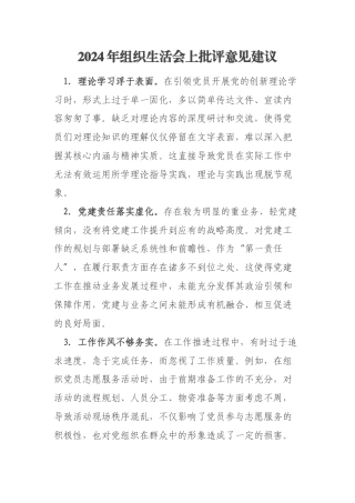 2024年组织生活会上批评意见建议