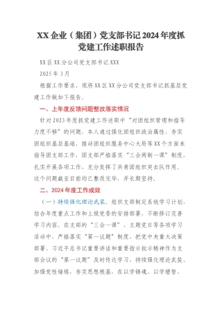 XX企业（集团）党支部书记2024年度抓党建工作述职报告