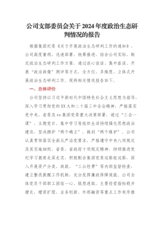 公司支部委员会关于2024年度政治生态研判情况的报告