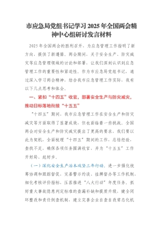 市应急局党组书记学习2025年全国两会精神中心组研讨发言材料