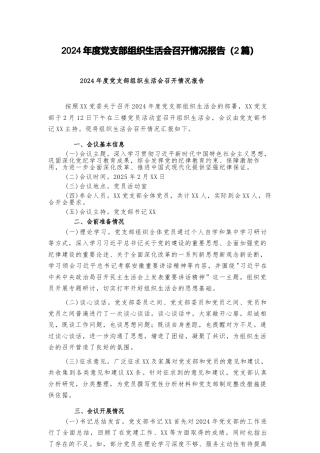 (2篇)2024年度党支部组织生活会召开情况报告范文