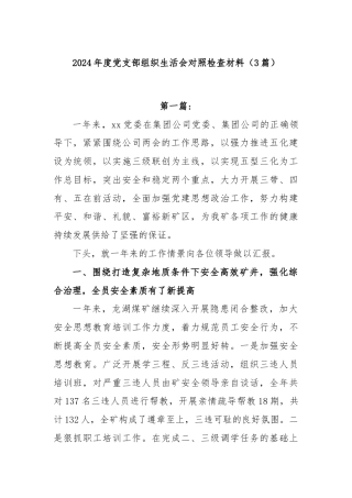 (3篇)2024年度党支部组织生活会对照检查材料