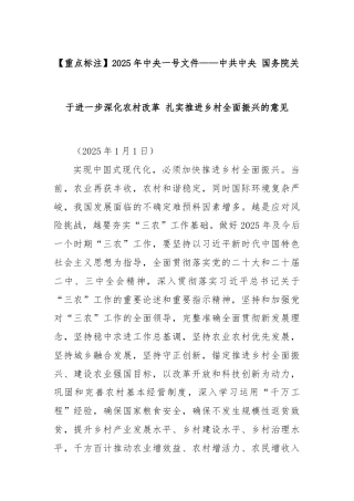 【重点标注】2025年中央一号文件——中共中央 国务院关于进一步深化农村改革 扎实推进乡村全面振兴的意见