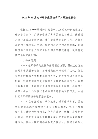 2024年XX党支部组织生活会班子对照检查报告