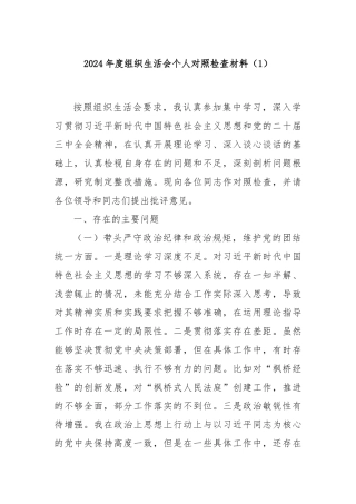 2024年度组织生活会个人对照检查材料（1）