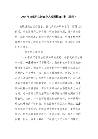 2024年度组织生活会个人对照检查材料（法院）
