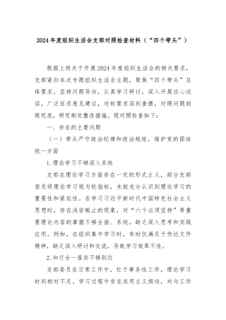 2024年度组织生活会支部对照检查材料（“四个带头”）