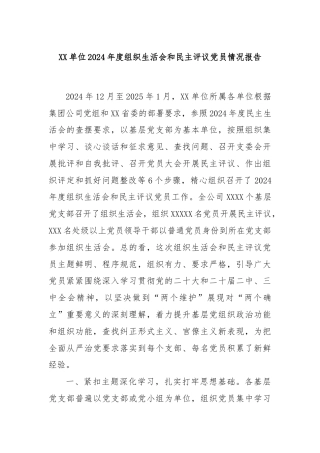 XX单位2024年度组织生活会和民主评议党员情况报告