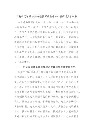 市委书记学习2025年全国两会精神中心组研讨发言材料