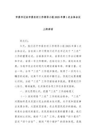 市委书记在市委农村工作领导小组2025年第1次全体会议上的讲话