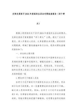 支部支委班子2024年度组织生活会对照检查报告（四个带头）