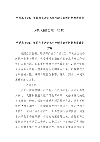 (2篇)党委班子2024年民主生活会民主生活会查摆问题整改落实方案（集团公司）