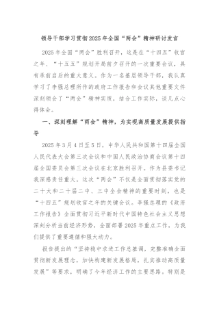 领导干部学习贯彻2025年全国“两会”精神研讨发言