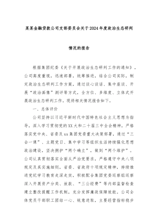 某某金融贷款公司支部委员会关于2024年度政治生态研判情况的报告