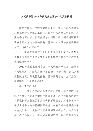 乡党委书记2024年度民主生活会个人发言提纲