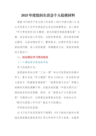 2025年度组织生活会个人检视材料