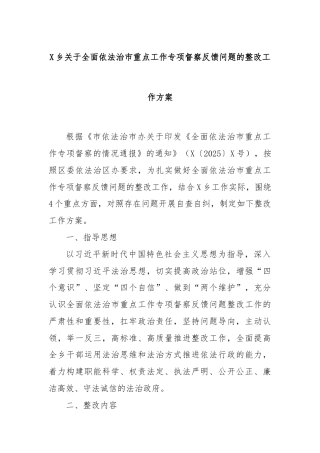 X乡关于全面依法治市重点工作专项督察反馈问题的整改工作方案
