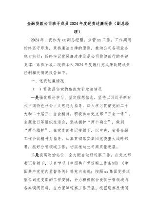 金融贷款公司班子成员2024年度述责述廉报告（副总经理）