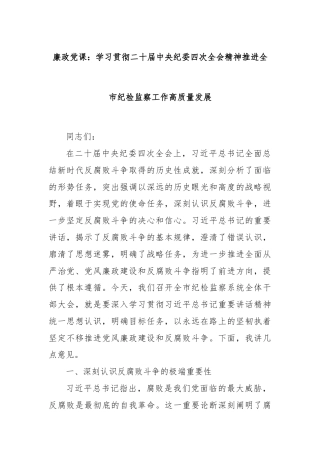 廉政党课：学习贯彻二十届中央纪委四次全会精神推进全市纪检监察工作高质量发展