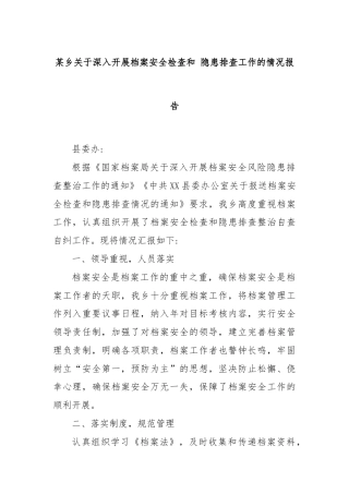 某乡关于深入开展档案安全检查和 隐患排查工作的情况报告