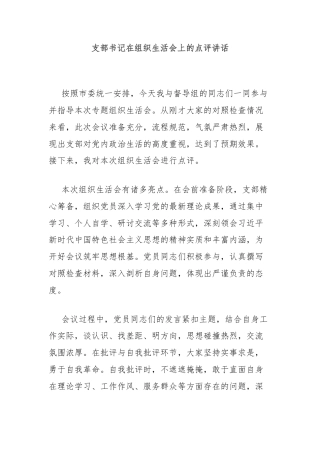 支部书记在组织生活会上的点评讲话