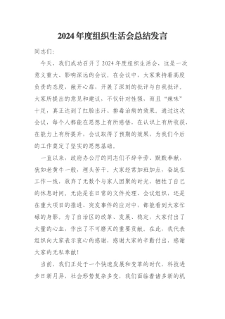 2024年度组织生活会总结发言