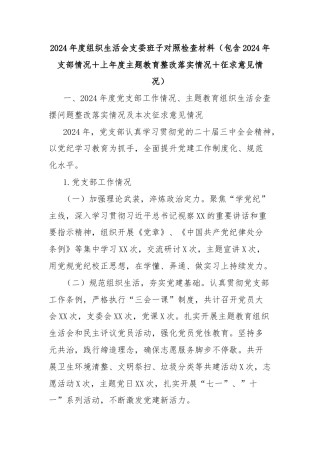 2024年度组织生活会支委班子对照检查材料（包含2024年支部情况＋上年度主题教育整改落实情况＋征求意见情况）