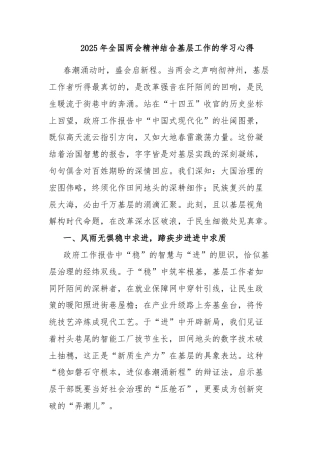 2025年全国两会精神结合基层工作的学习心得