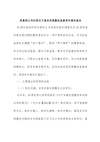 某集团公司纪委关于落实巡视整改监督责任情况报告