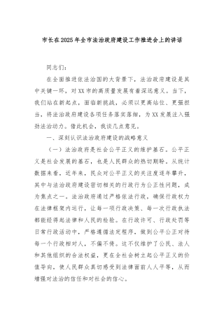 市长在2025年全市法治政府建设工作推进会上的讲话