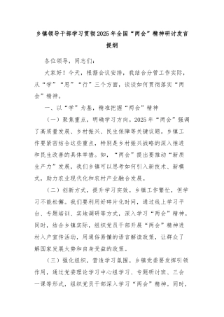 乡镇领导干部学习贯彻2025年全国“两会”精神研讨发言提纲