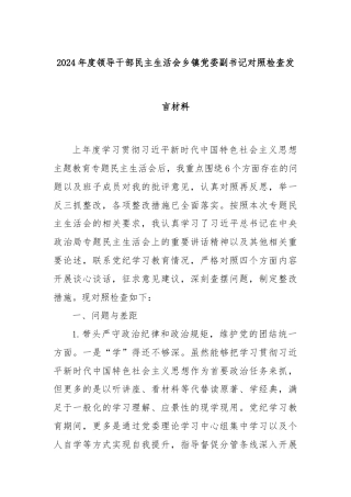 2024年度领导干部民主生活会乡镇党委副书记对照检查发言材料