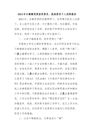 2024年乡镇镇党委宣传委员、统战委员个人述职报告