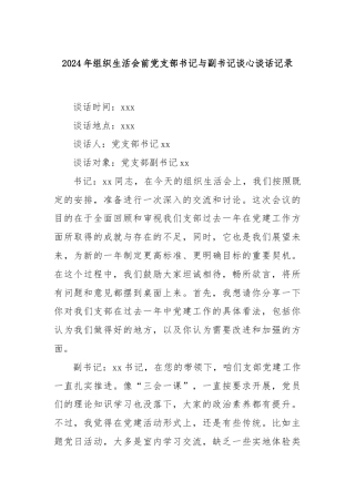 2024年组织生活会前党支部书记与副书记谈心谈话记录