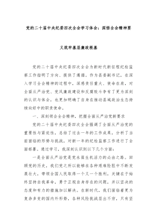 党的二十届中央纪委四次全会学习体会：深悟全会精神要义筑牢基层廉政根基