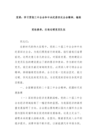 党课：学习贯彻三中全会和中央纪委四次全会精神，锤炼党性修养，打造过硬党员队伍